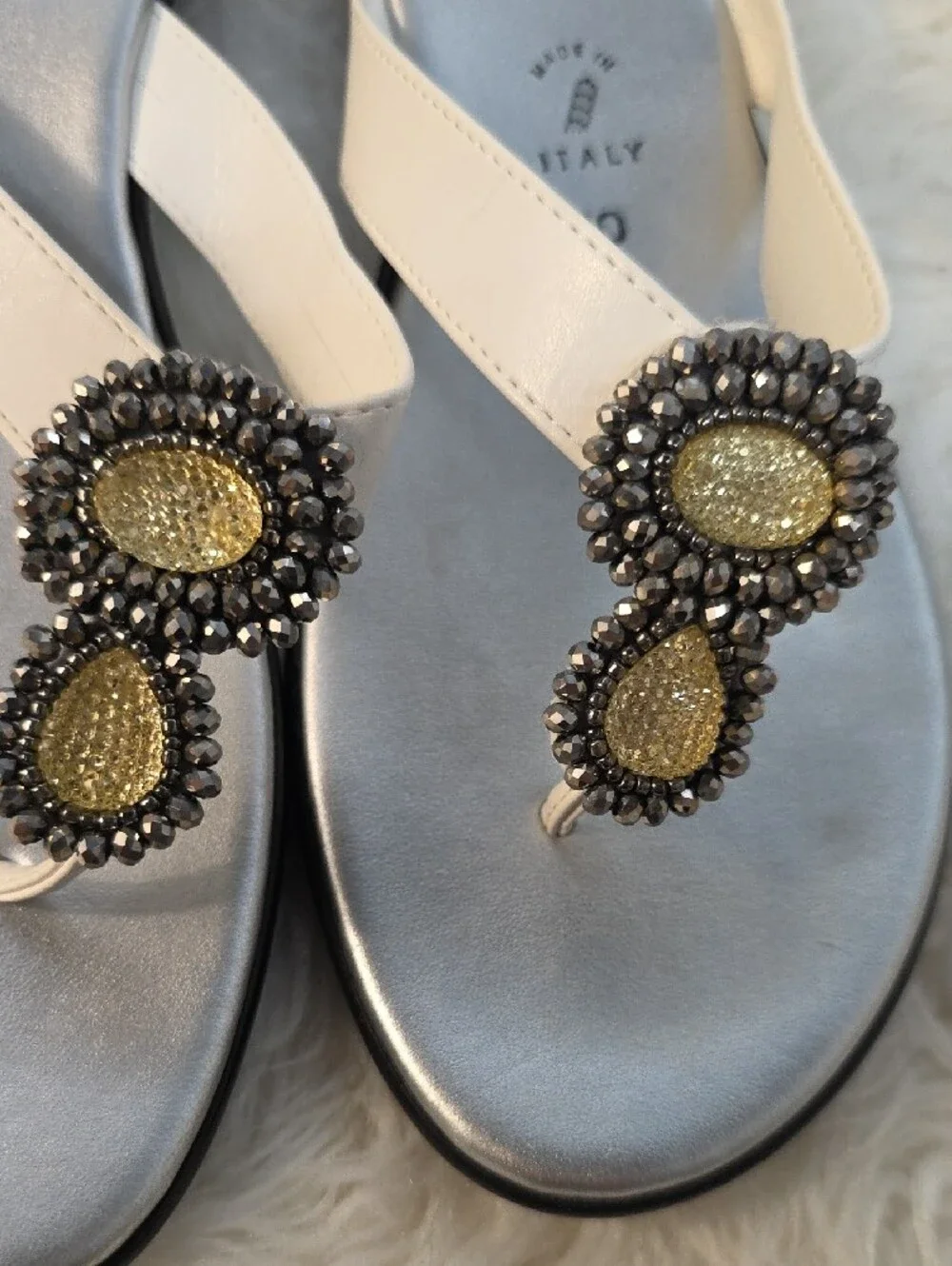 Toscanella White Jeweled Toe-Post Sandals with Silver Footbed
